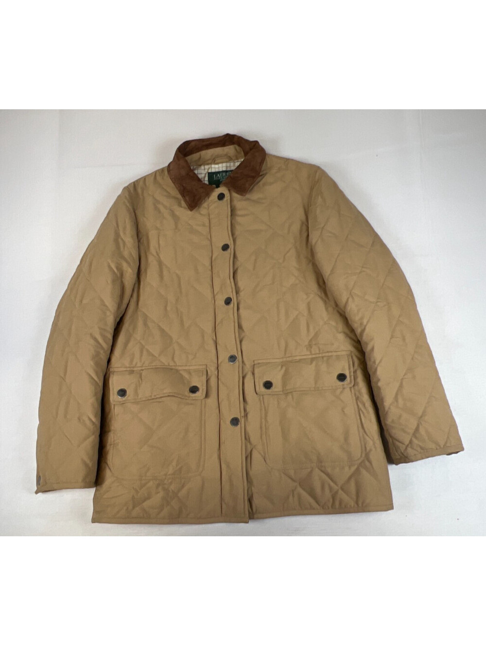 Lauren Ralph Lauren Women Petite M Tan Quilted Barn Jacket Suede Trim Coat